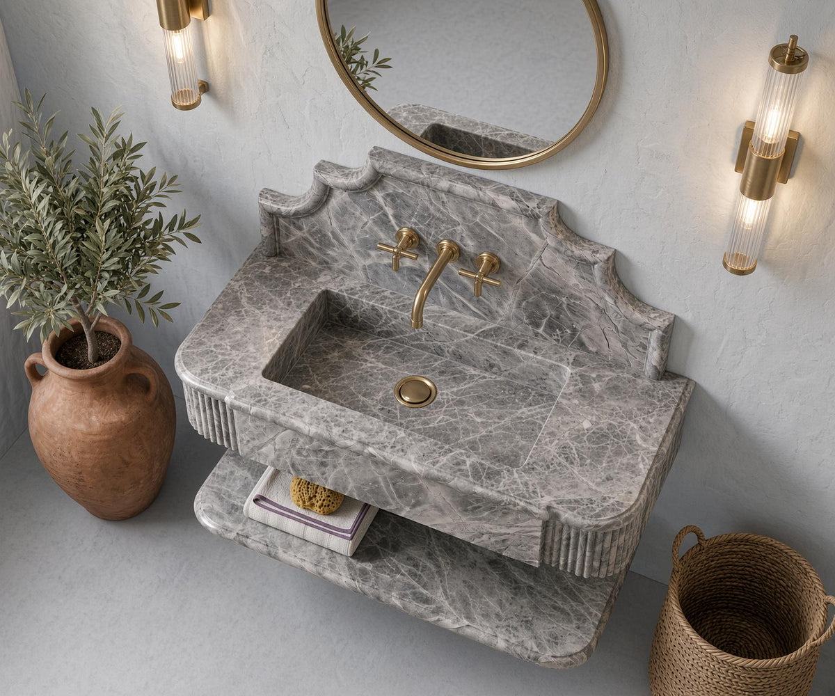 Grey Marble Floating Vanity, Fluted Apron, Powder Room Sink (Custom)