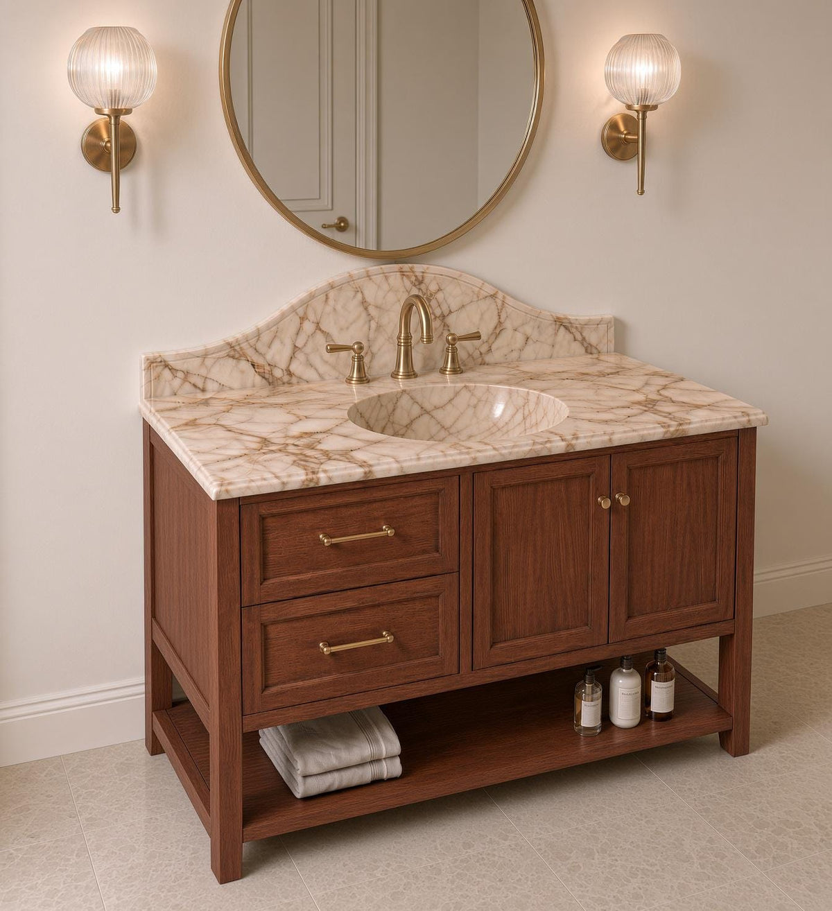 Calacatta Gold Marble Vanity Sink with Solid Mahogany Cabinet, Handmade Freestanding Bathroom Vanity