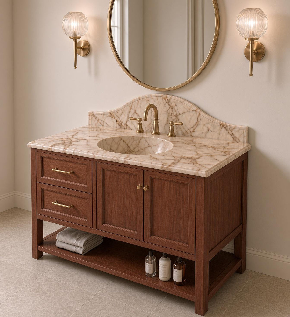 Calacatta Gold Marble Vanity Sink with Solid Mahogany Cabinet, Handmade Freestanding Bathroom Vanity