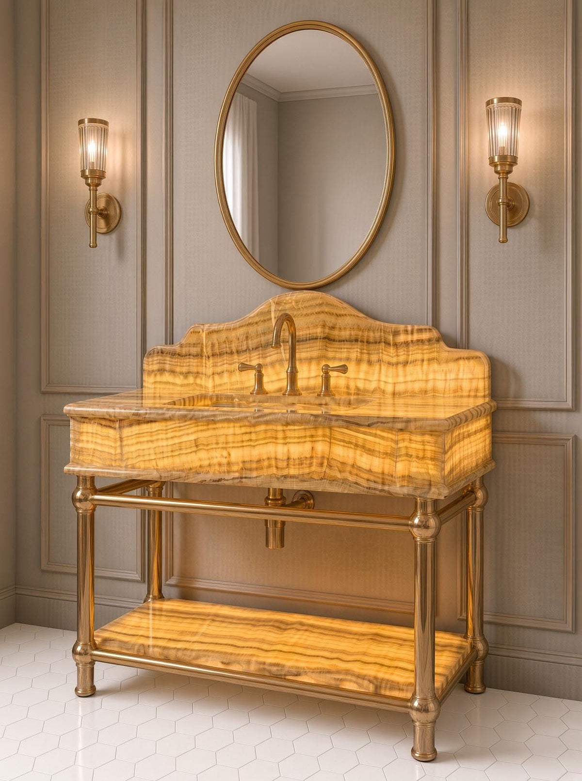 Luxury Yellow Onyx Marble Sink | Backlit Vanity with Brass Stand (Customizable)