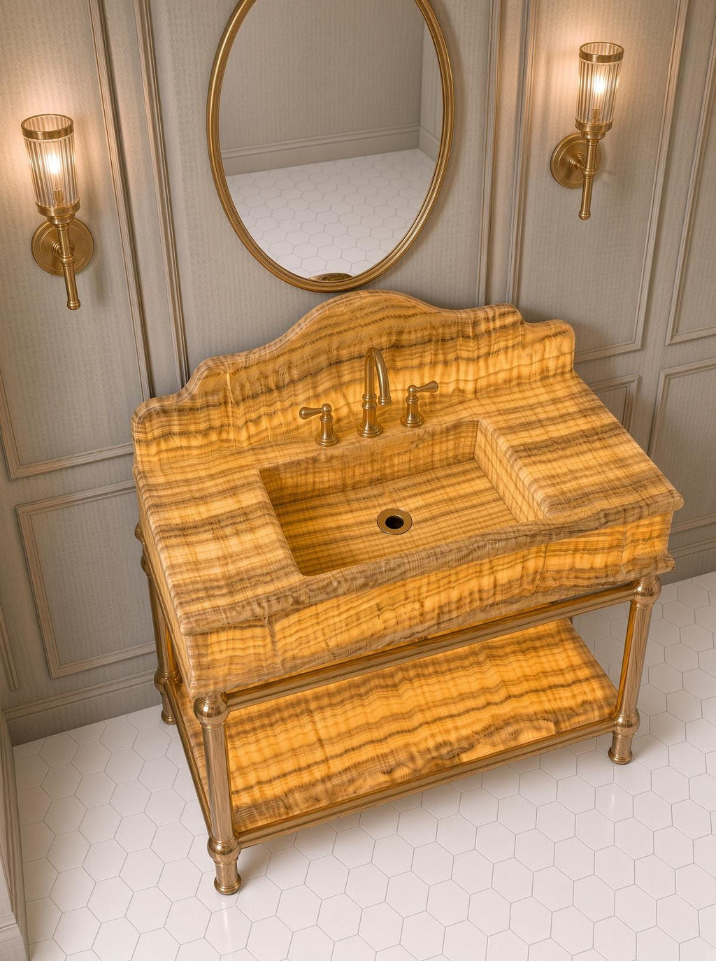 Luxury Yellow Onyx Marble Sink | Backlit Vanity with Brass Stand (Customizable)