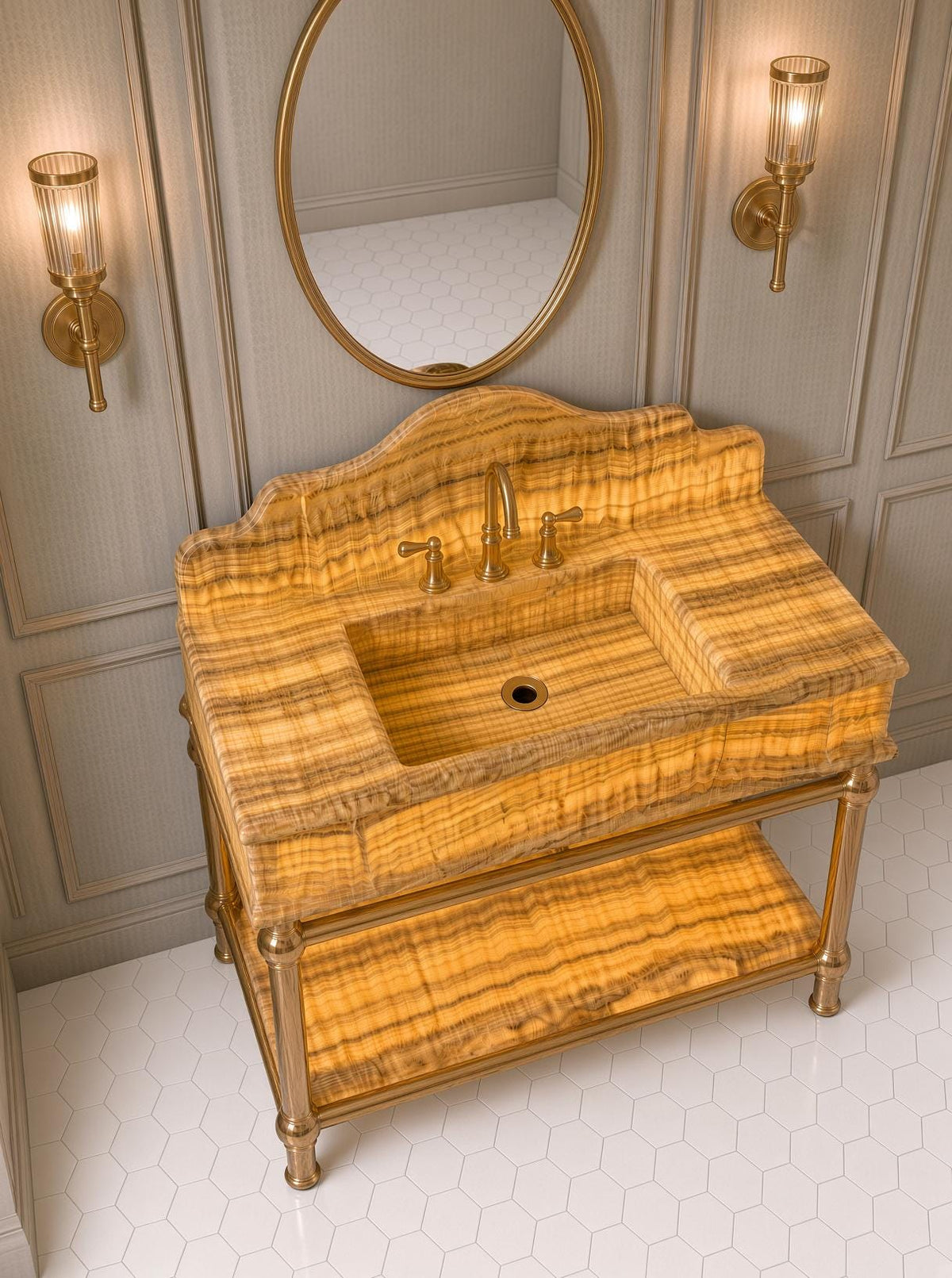 Luxury Yellow Onyx Marble Sink | Backlit Vanity with Brass Stand (Customizable)