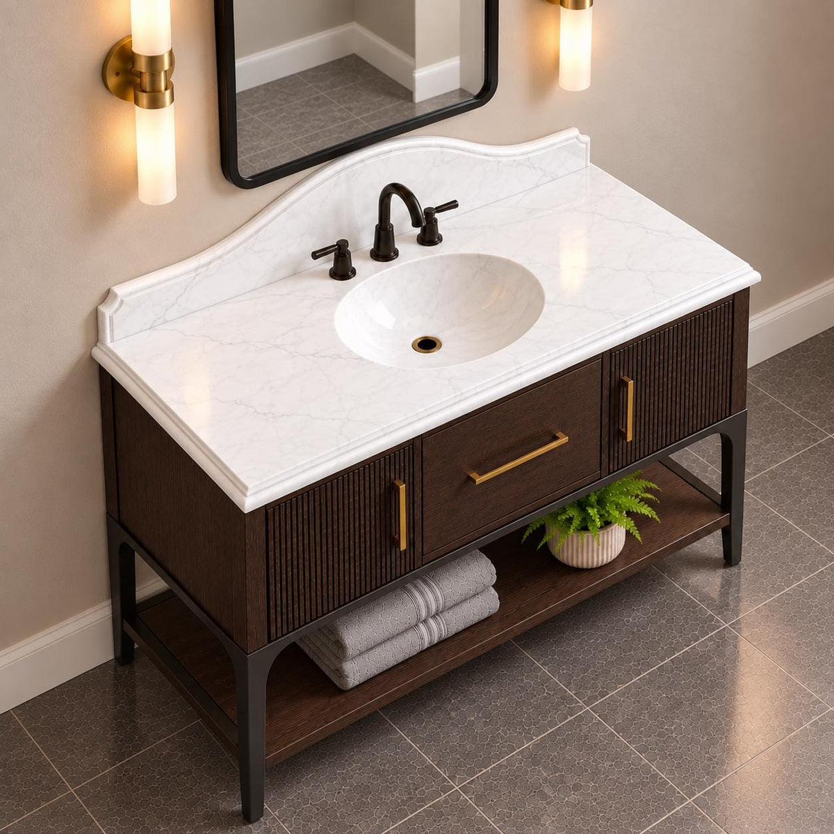 Calacatta White Marble Bathroom Vanity with Mahogany Cabinet, Integrated Sink and Ogee Edges