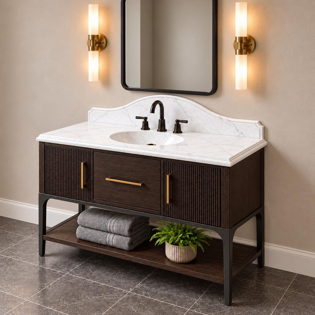 Calacatta White Marble Bathroom Vanity with Mahogany Cabinet, Integrated Sink and Ogee Edges