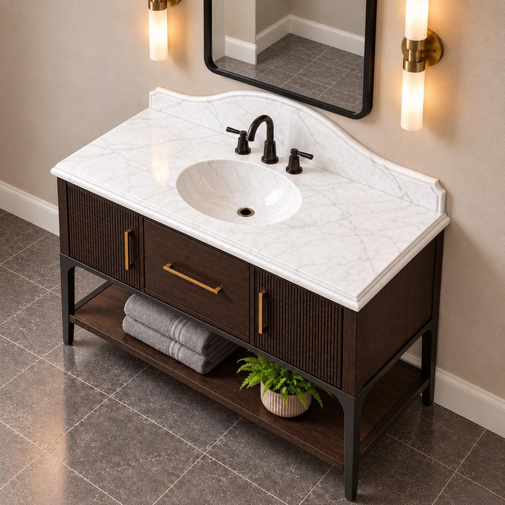 Calacatta White Marble Bathroom Vanity with Mahogany Cabinet, Integrated Sink and Ogee Edges