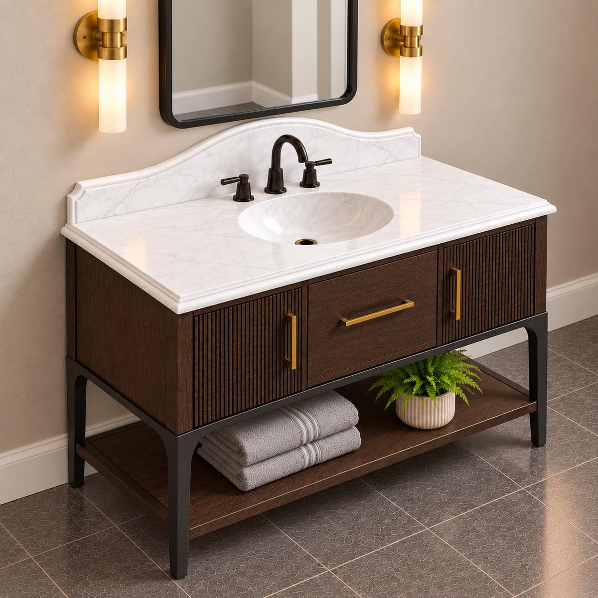Calacatta White Marble Bathroom Vanity with Mahogany Cabinet, Integrated Sink and Ogee Edges
