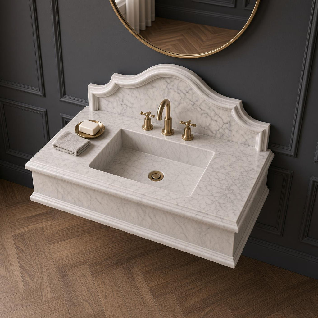 Custom Calacatta Marble Wall-Mounted Sink, Crescent Backsplash Vanity (Natural Stone)