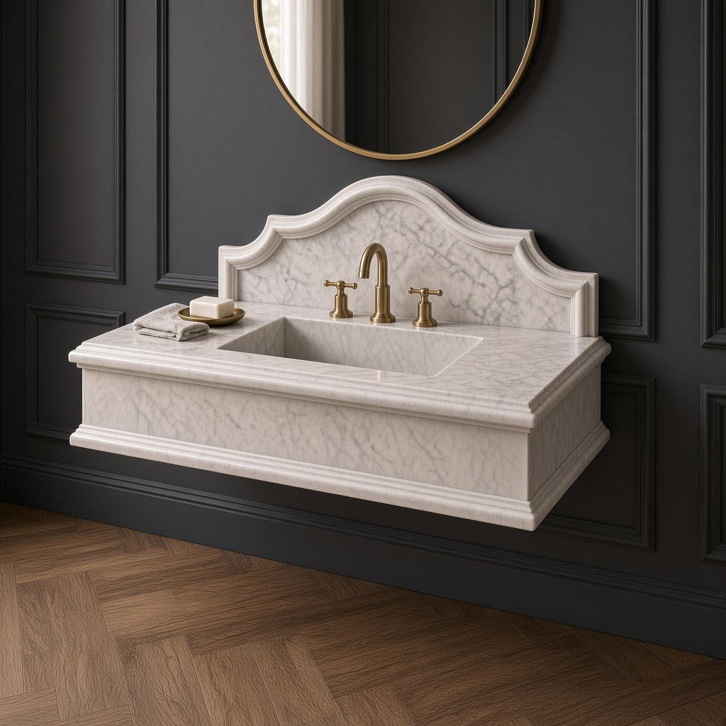 Custom Calacatta Marble Wall-Mounted Sink, Crescent Backsplash Vanity (Natural Stone)