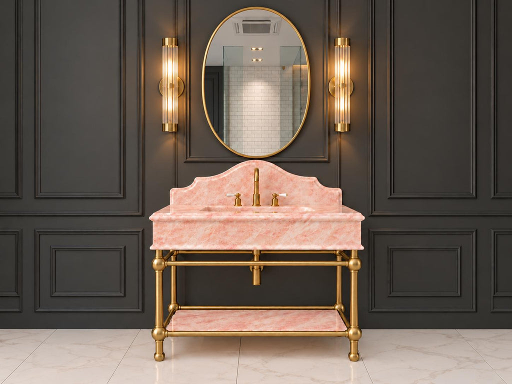 Calacatta Pink Marble Console Sink, Carved Basin, Brass Legs