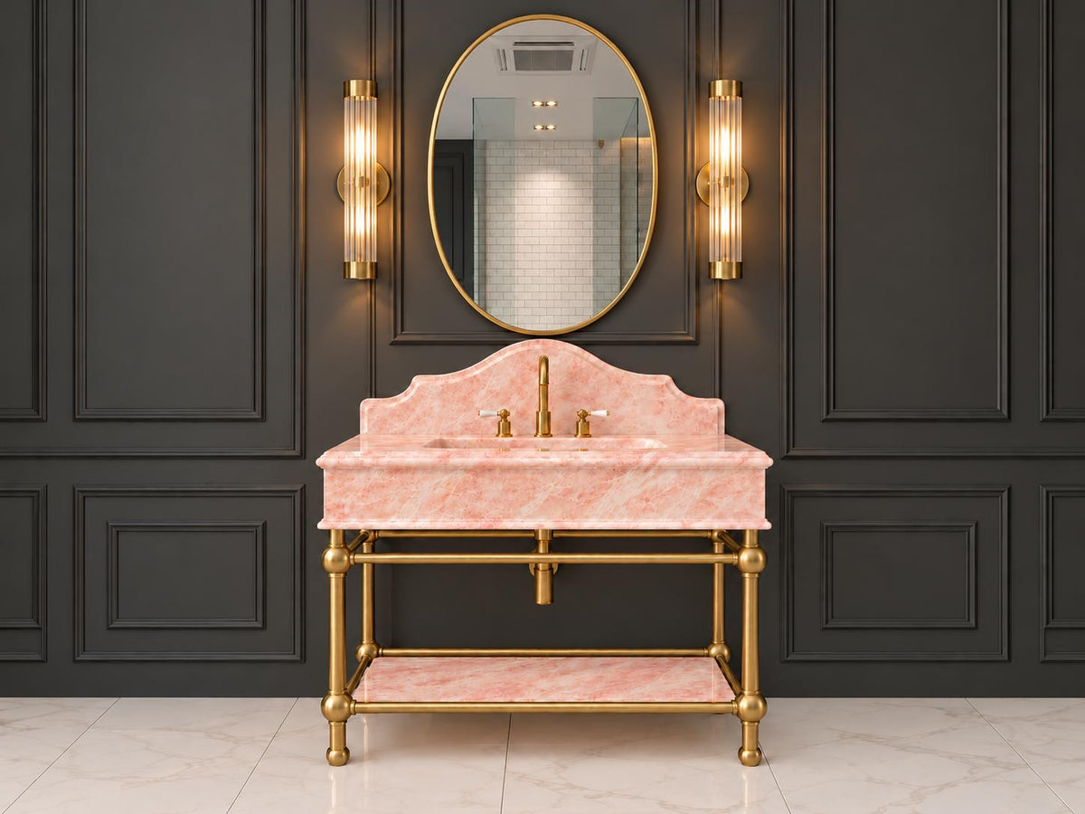 Calacatta Pink Marble Console Sink, Carved Basin, Brass Legs