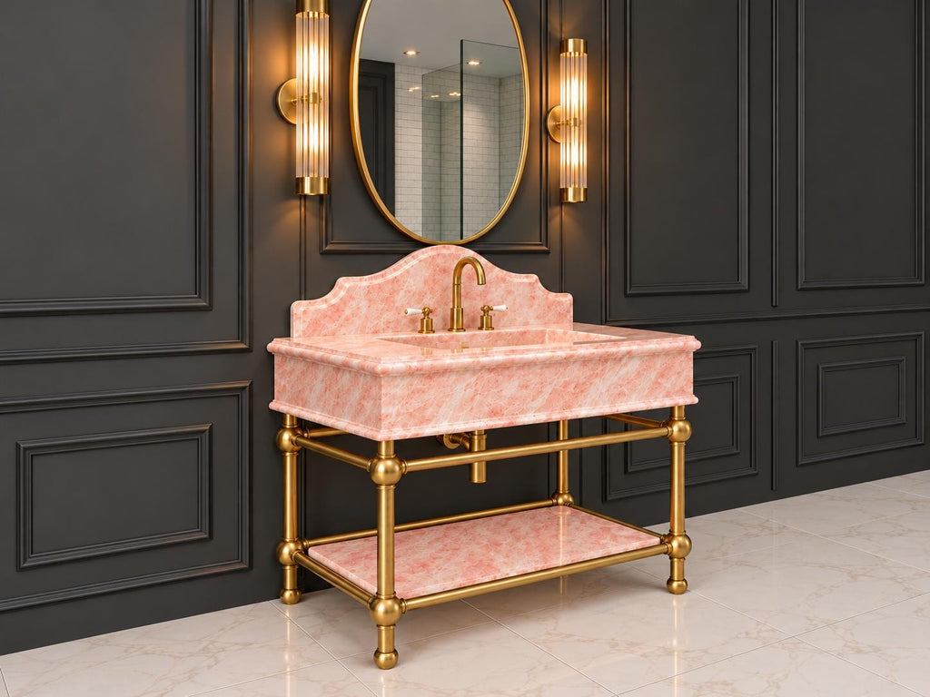 Calacatta Pink Marble Console Sink, Carved Basin, Brass Legs