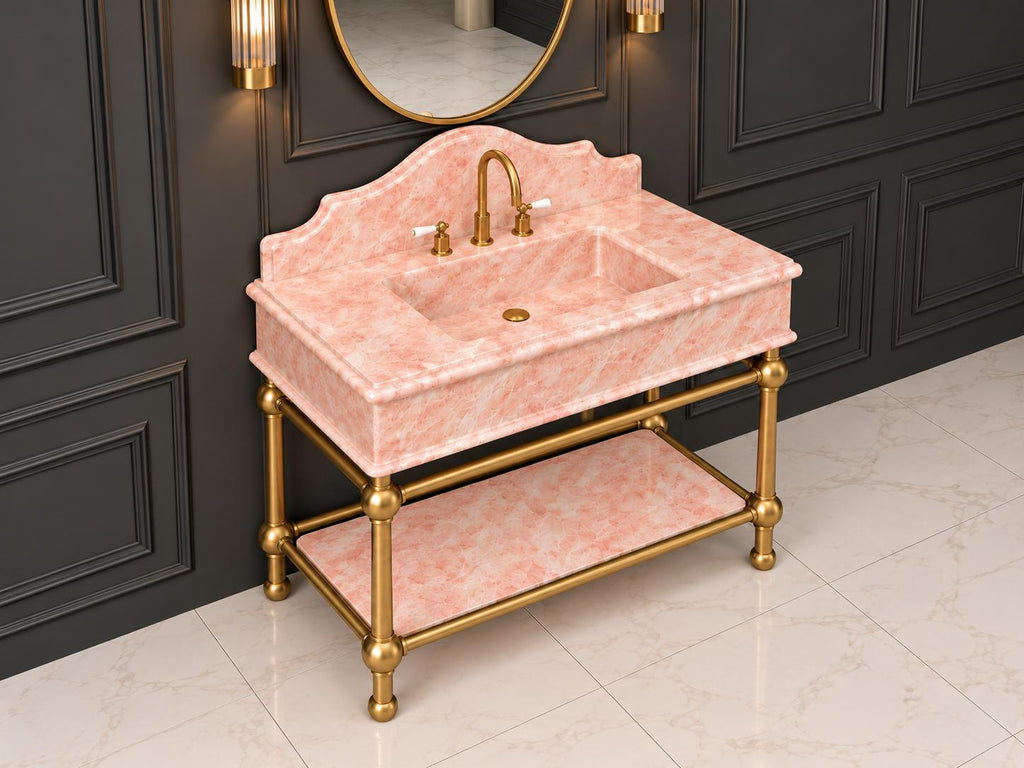 Calacatta Pink Marble Console Sink, Carved Basin, Brass Legs