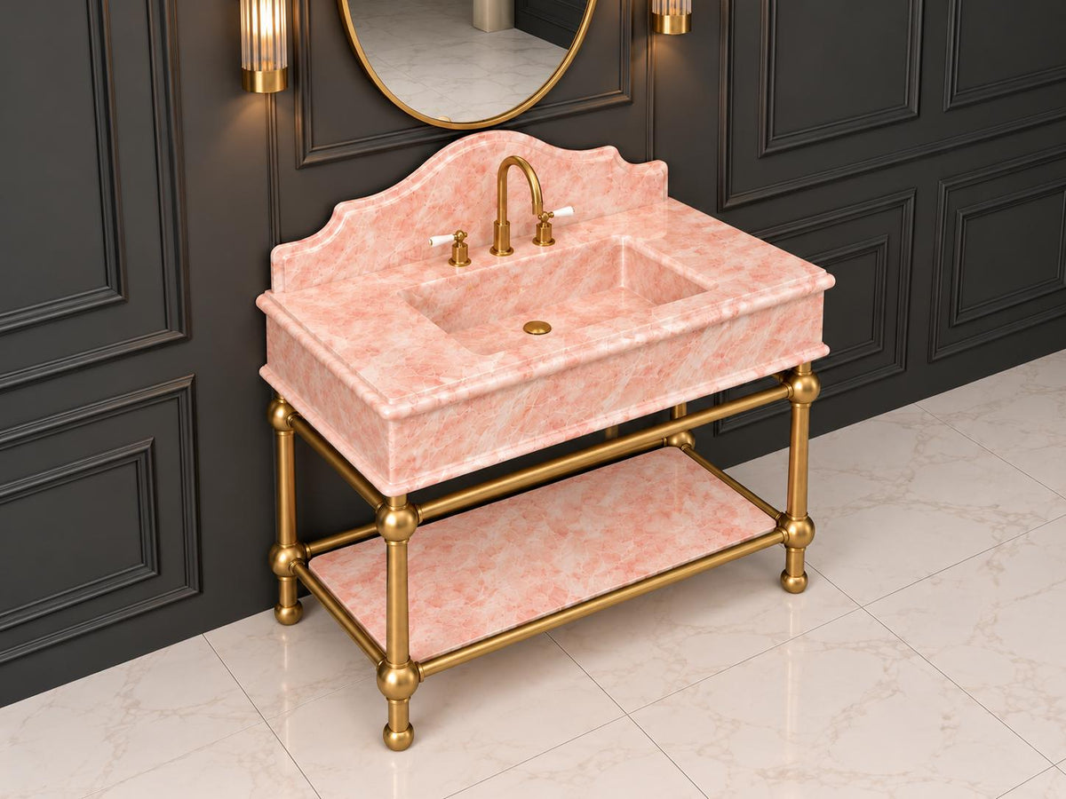 Calacatta Pink Marble Console Sink, Carved Basin, Brass Legs