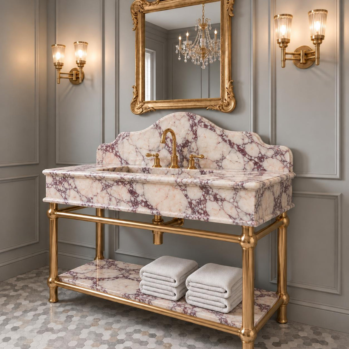 Handmade Calacatta Viola Marble Sink Vanity, Brass Stand, Custom Powder Room Basin