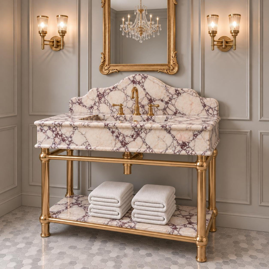 Handmade Calacatta Viola Marble Sink Vanity, Brass Stand, Custom Powder Room Basin