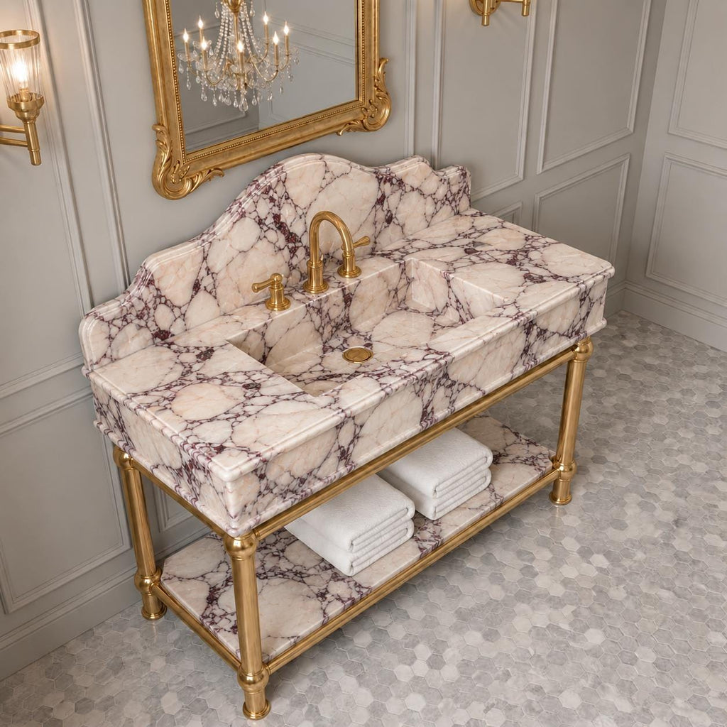 Handmade Calacatta Viola Marble Sink Vanity, Brass Stand, Custom Powder Room Basin