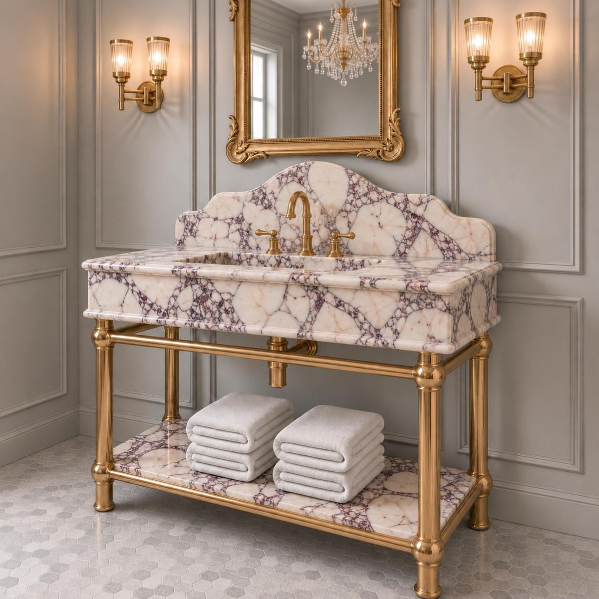 Handmade Calacatta Viola Marble Sink Vanity, Brass Stand, Custom Powder Room Basin