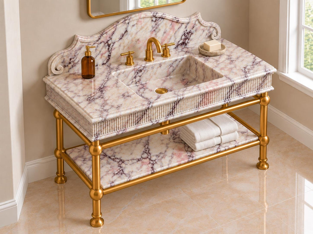 Handmade Calacatta Viola Marble Vanity, Fluted Brass Console, Custom Powder Room Sink