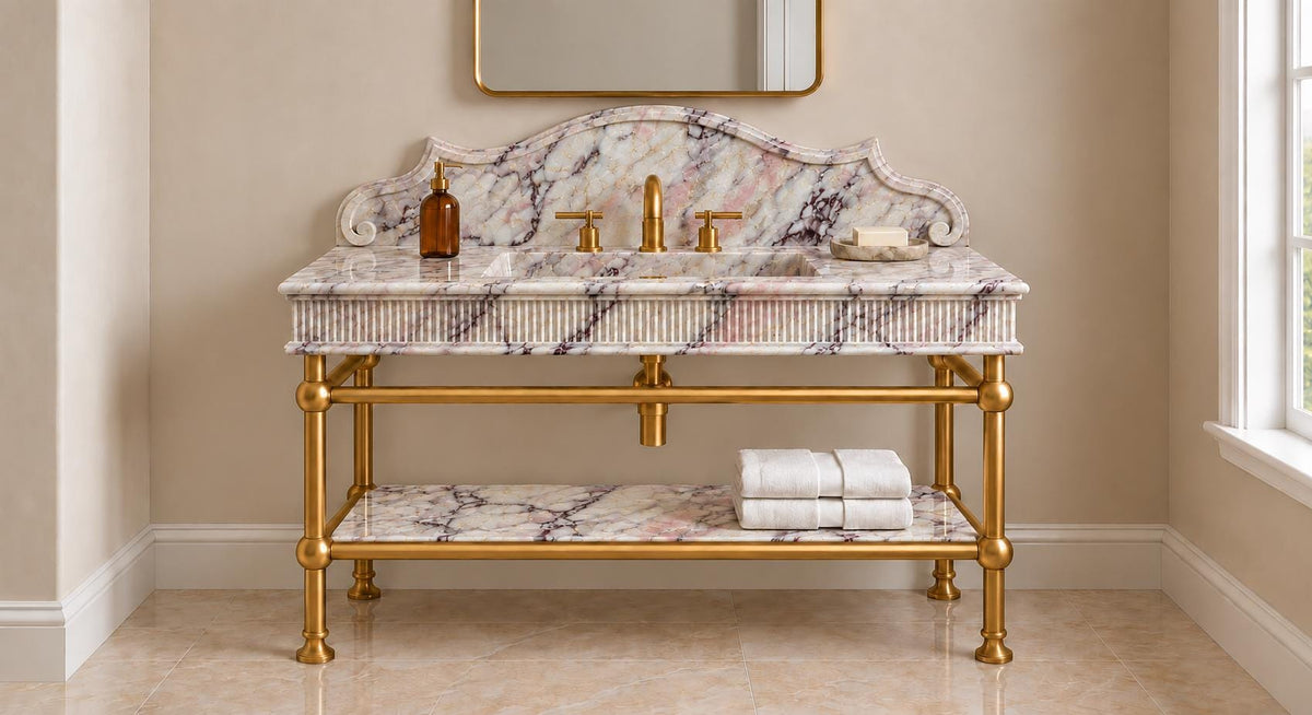 Handmade Calacatta Viola Marble Vanity, Fluted Brass Console, Custom Powder Room Sink