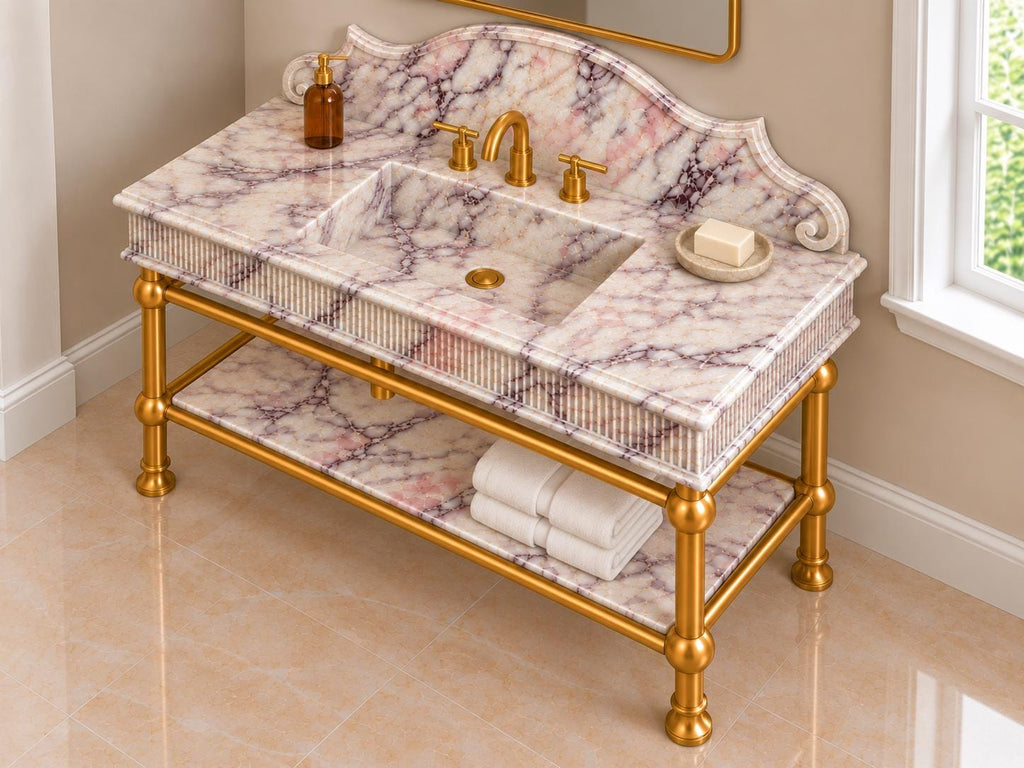 Handmade Calacatta Viola Marble Vanity, Fluted Brass Console, Custom Powder Room Sink
