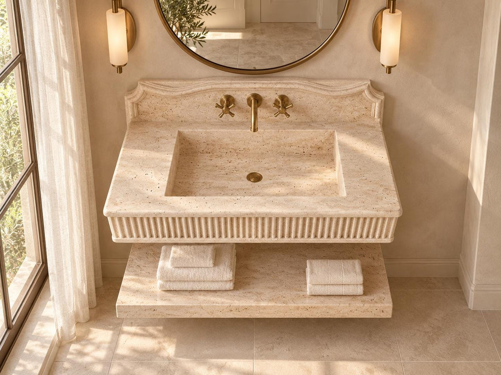 Handmade Travertine Wall-Mounted Sink Vanity, Fluted Apron, Carved Backsplash (Natural Stone)