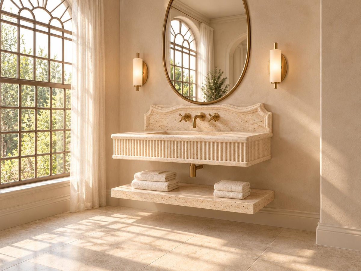 Handmade Travertine Wall-Mounted Sink Vanity, Fluted Apron, Carved Backsplash (Natural Stone)