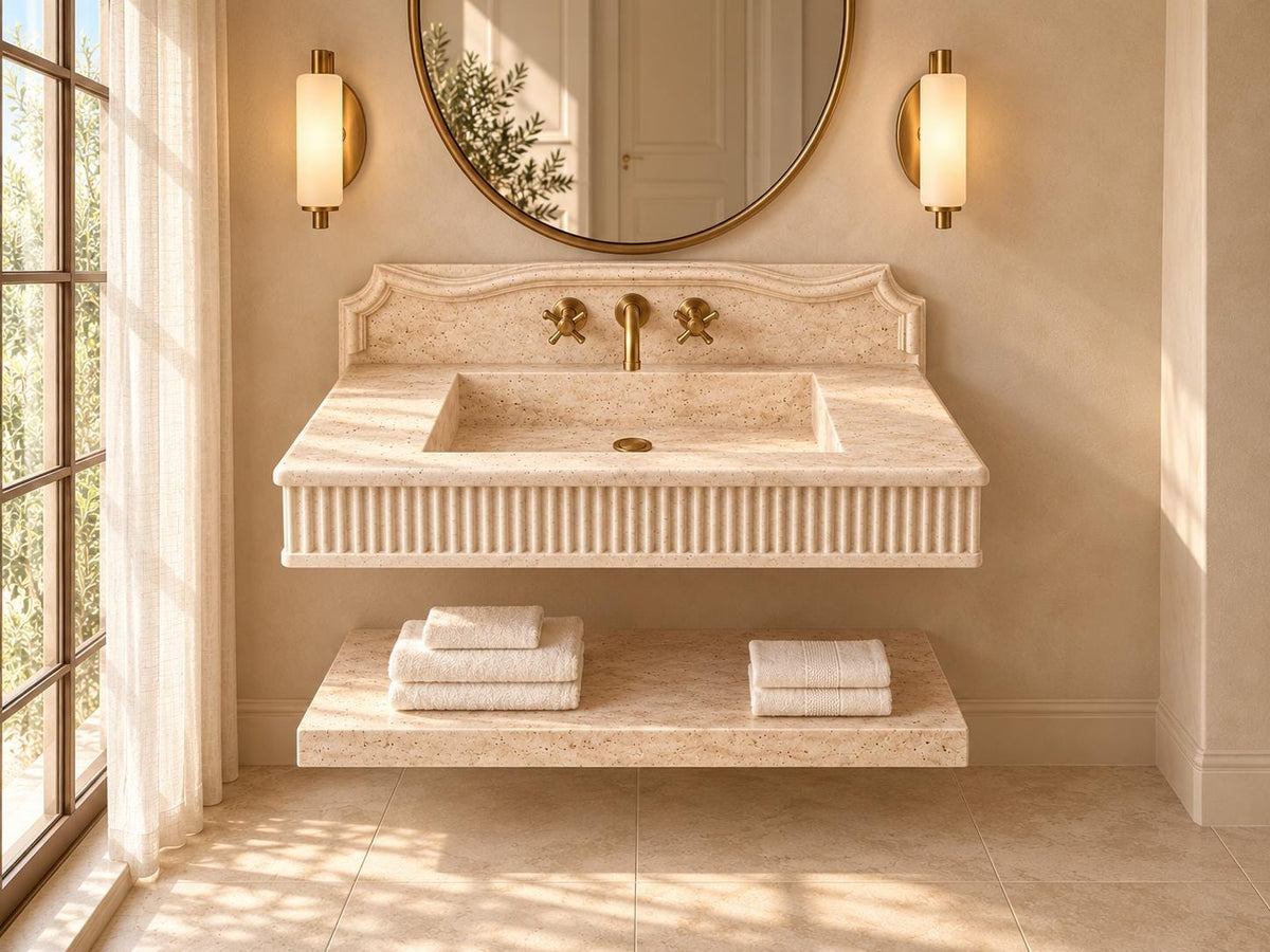 Handmade Travertine Wall-Mounted Sink Vanity, Fluted Apron, Carved Backsplash (Natural Stone)