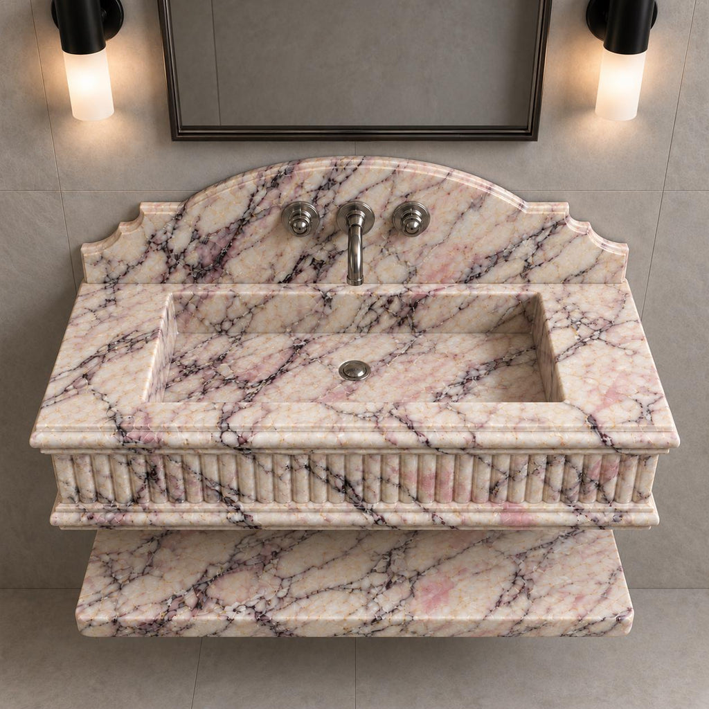 Calacatta Viola Marble Wall-Mounted Sink with Fluted Front, Arched Backsplash and Floating Shelf