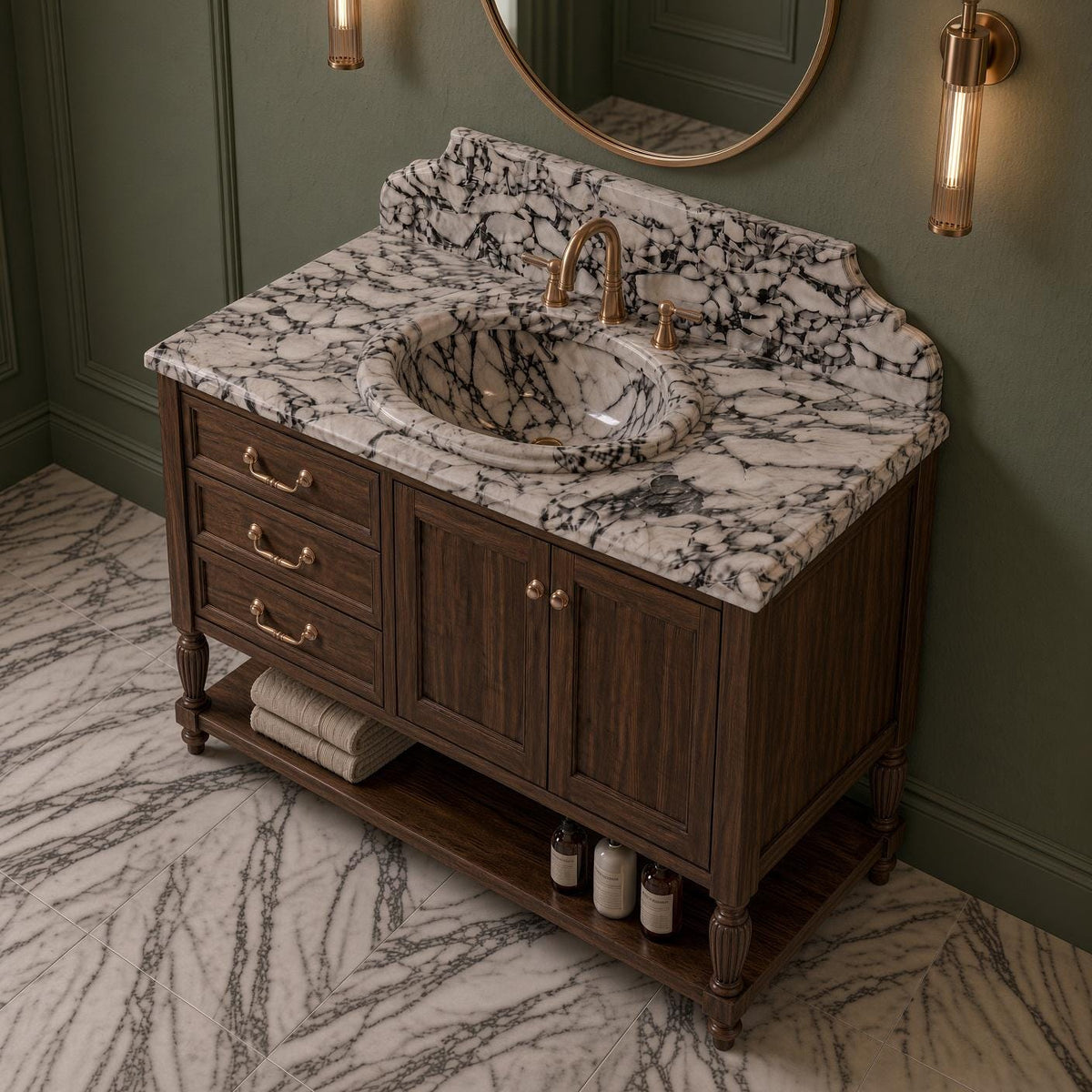 Calacatta Viola Marble Vanity Sink with Solid Mahogany Cabinet, Handmade Freestanding Bathroom Vanity