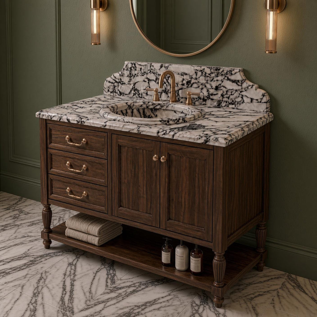 Calacatta Viola Marble Vanity Sink with Solid Mahogany Cabinet, Handmade Freestanding Bathroom Vanity