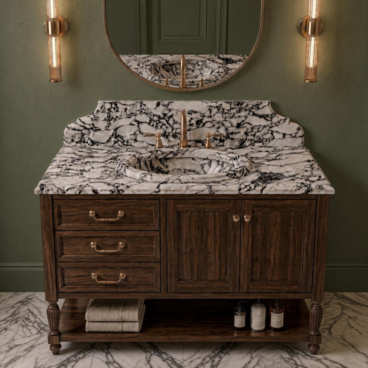 Calacatta Viola Marble Vanity Sink with Solid Mahogany Cabinet, Handmade Freestanding Bathroom Vanity