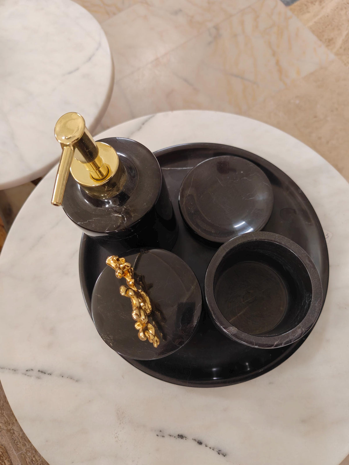 Alexander Black Marble Bathroom Set | Gold Coral Handle Jar, Vanity Tray, Soap Dispenser