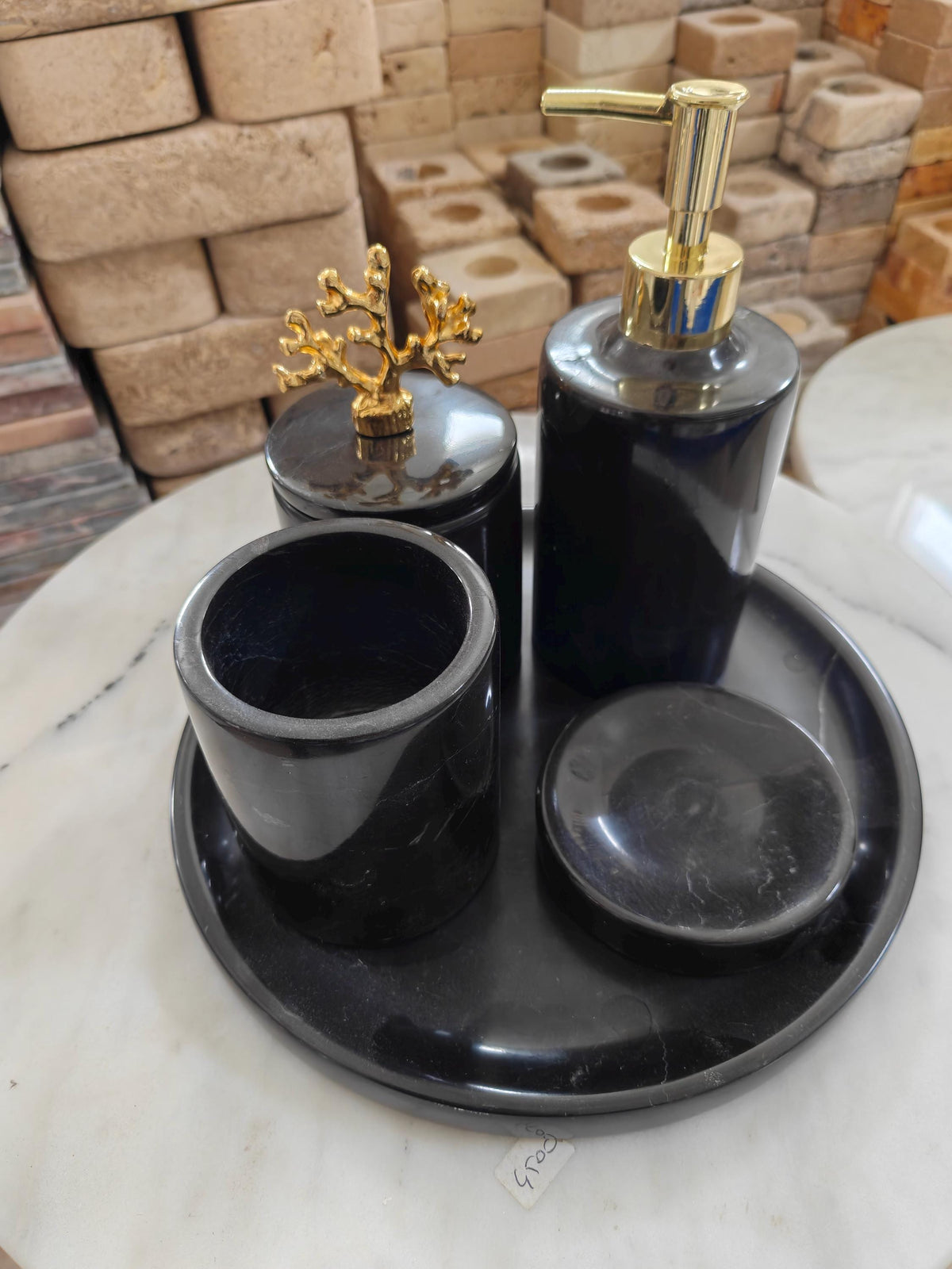 Alexander Black Marble Bathroom Set | Gold Coral Handle Jar, Vanity Tray, Soap Dispenser