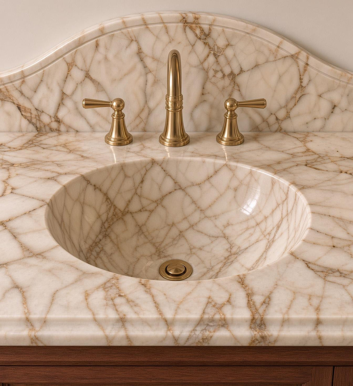 Calacatta Gold Marble Vanity Sink with Solid Mahogany Cabinet, Handmade Freestanding Bathroom Vanity