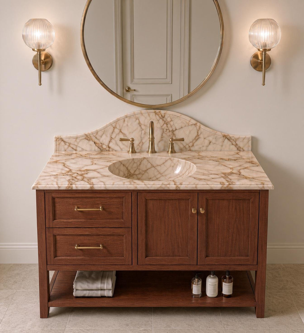 Calacatta Gold Marble Vanity Sink with Solid Mahogany Cabinet, Handmade Freestanding Bathroom Vanity