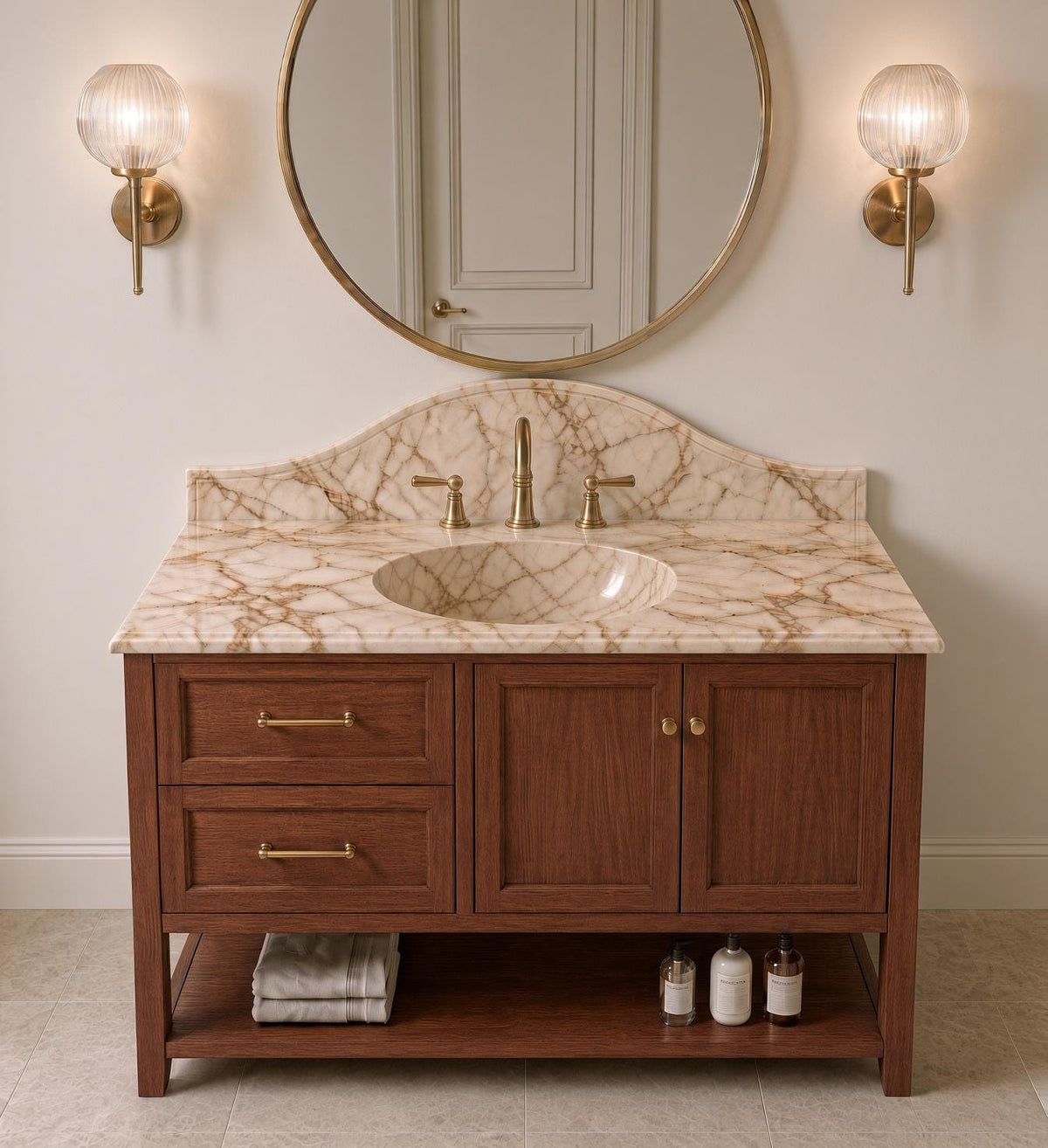 Calacatta Gold Marble Vanity Sink with Solid Mahogany Cabinet, Handmade Freestanding Bathroom Vanity