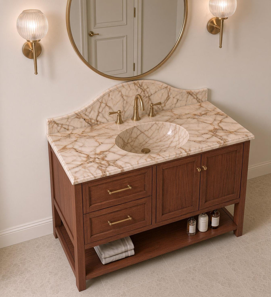 Calacatta Gold Marble Vanity Sink with Solid Mahogany Cabinet, Handmade Freestanding Bathroom Vanity