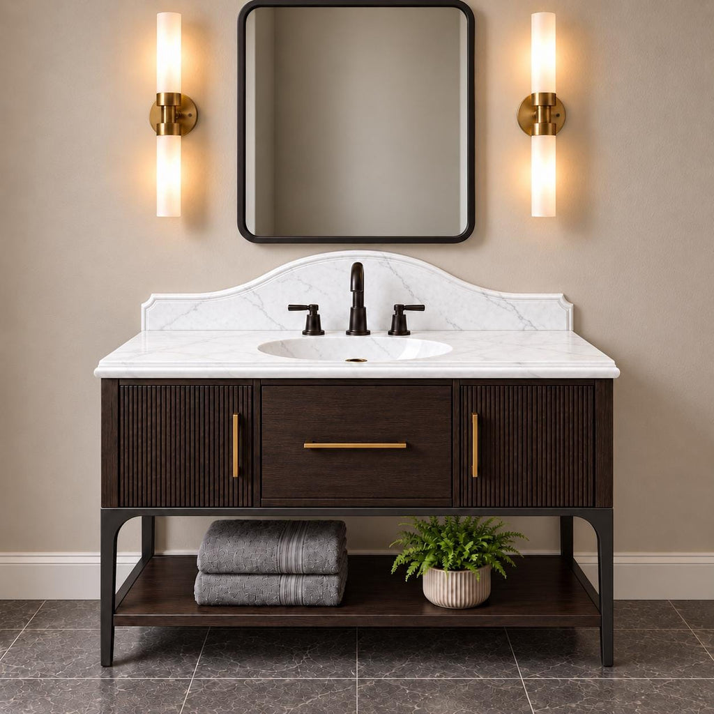 Calacatta White Marble Bathroom Vanity with Mahogany Cabinet, Integrated Sink and Ogee Edges