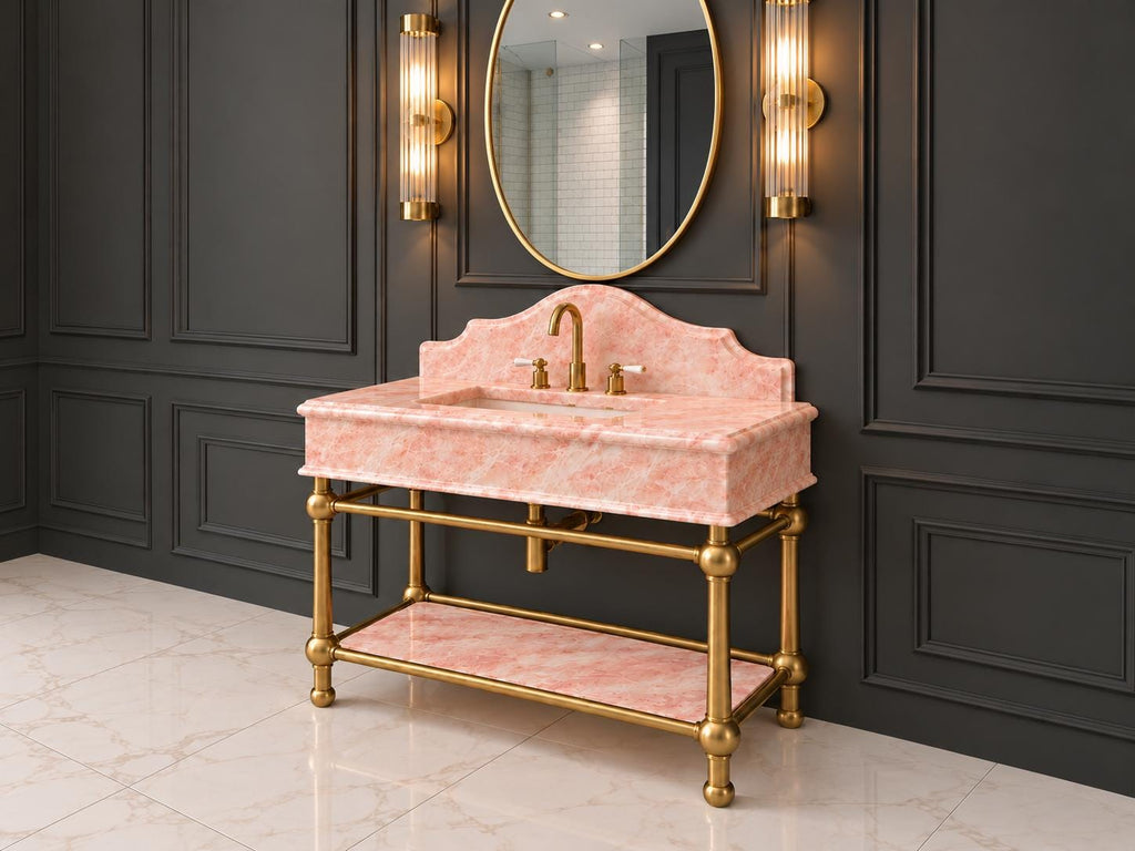 Calacatta Pink Marble Console Sink, Carved Basin, Brass Legs