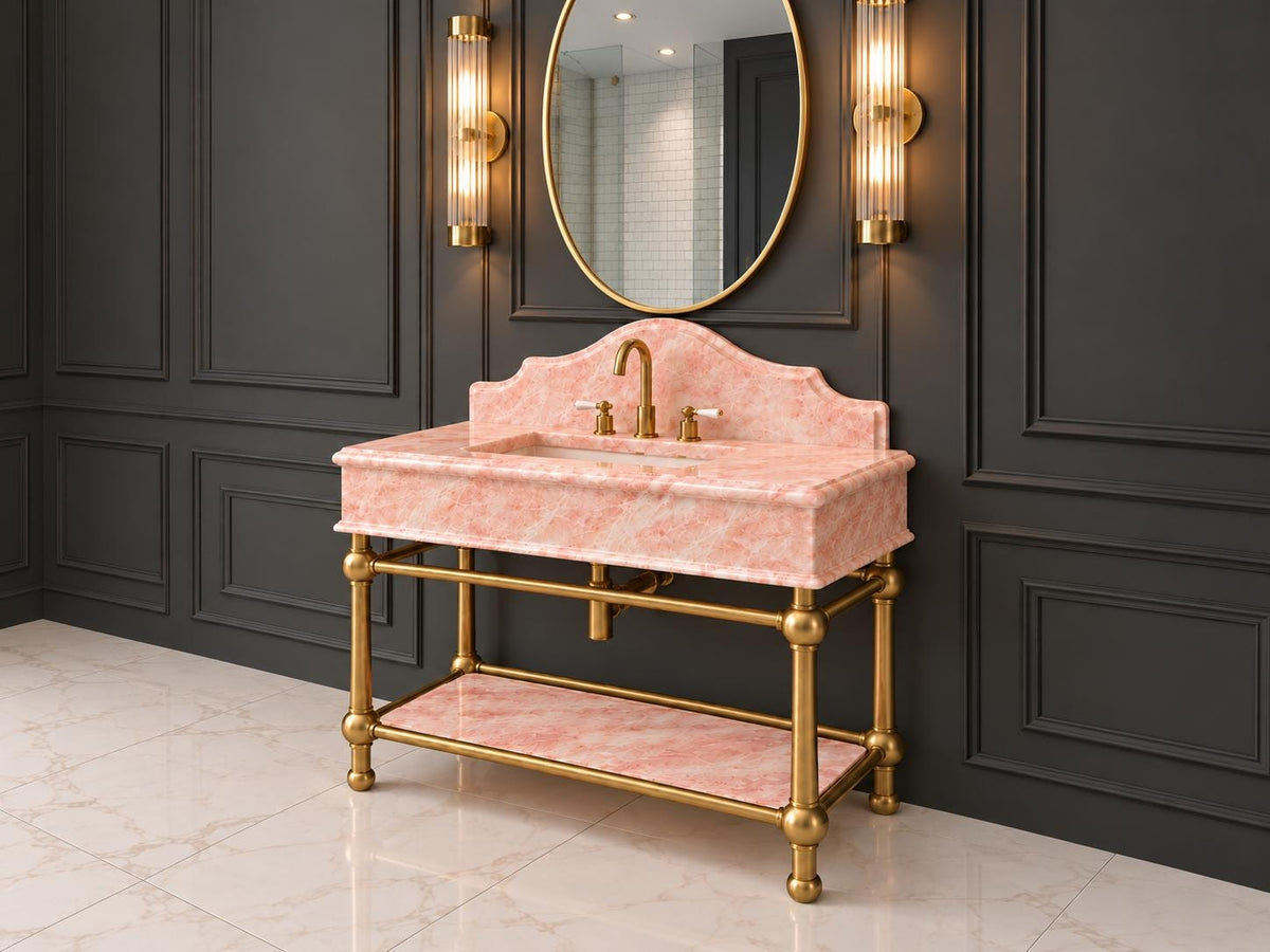 Calacatta Pink Marble Console Sink, Carved Basin, Brass Legs