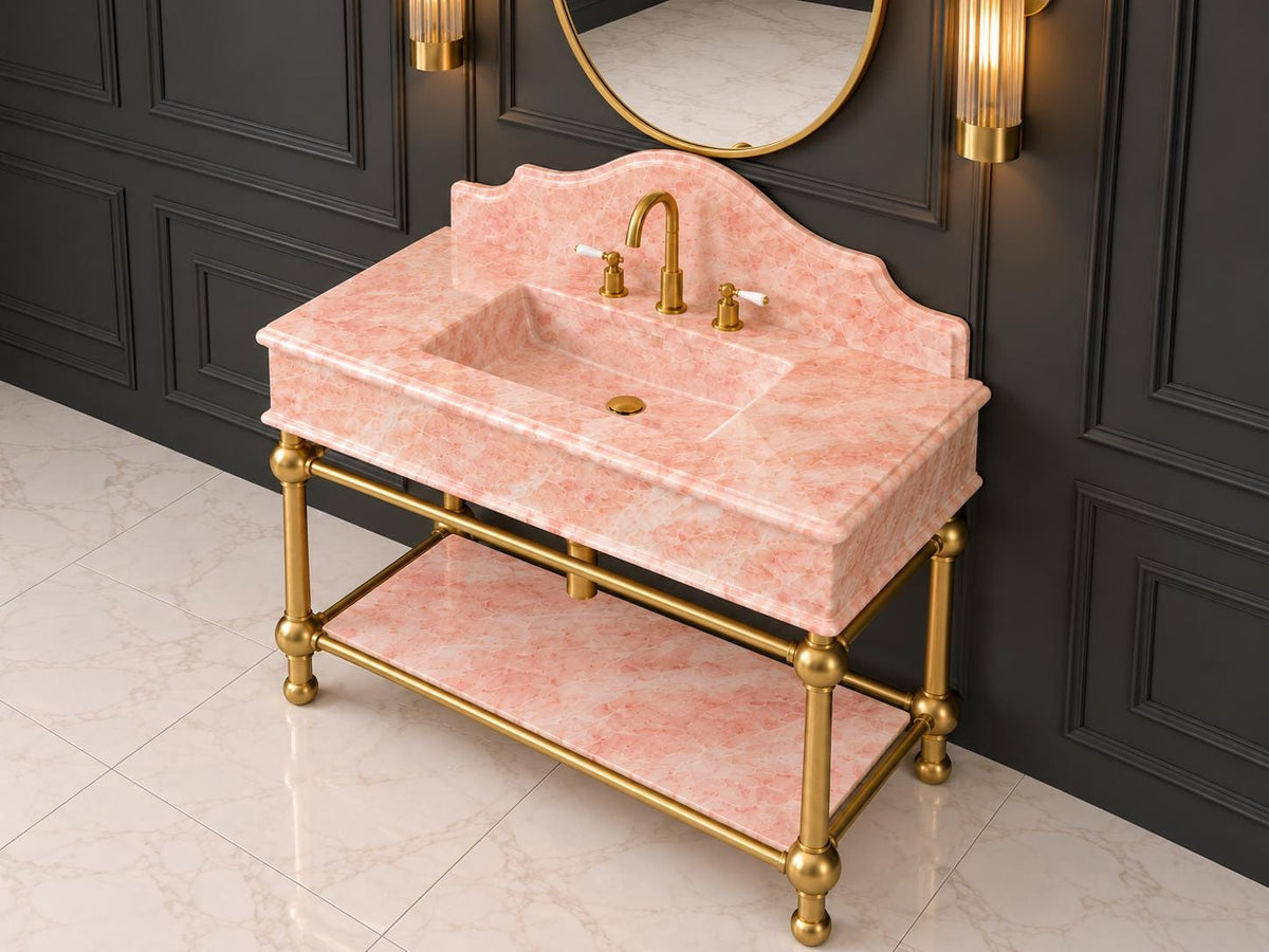 Calacatta Pink Marble Console Sink, Carved Basin, Brass Legs