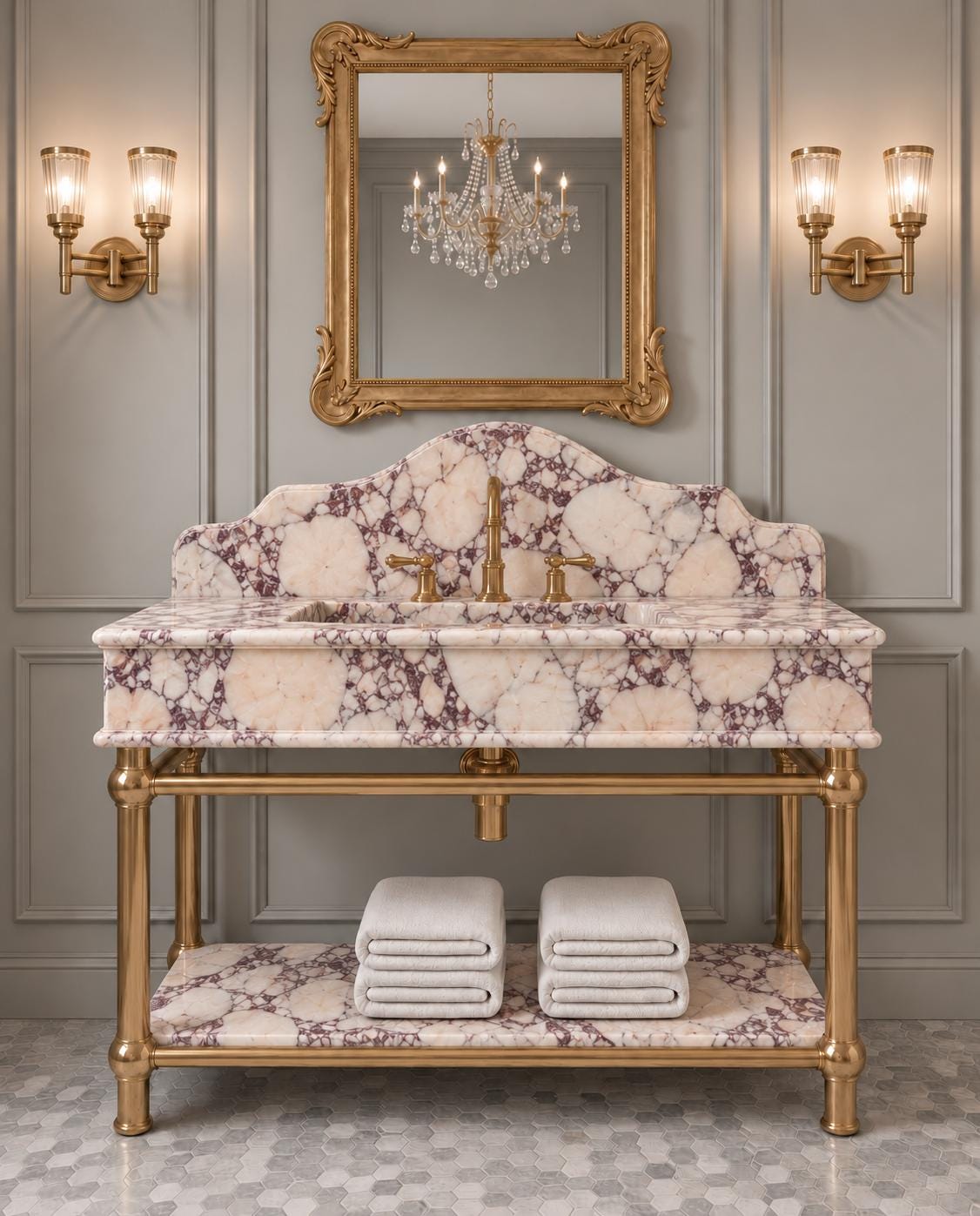 Handmade Calacatta Viola Marble Sink Vanity, Brass Stand, Custom Powder Room Basin