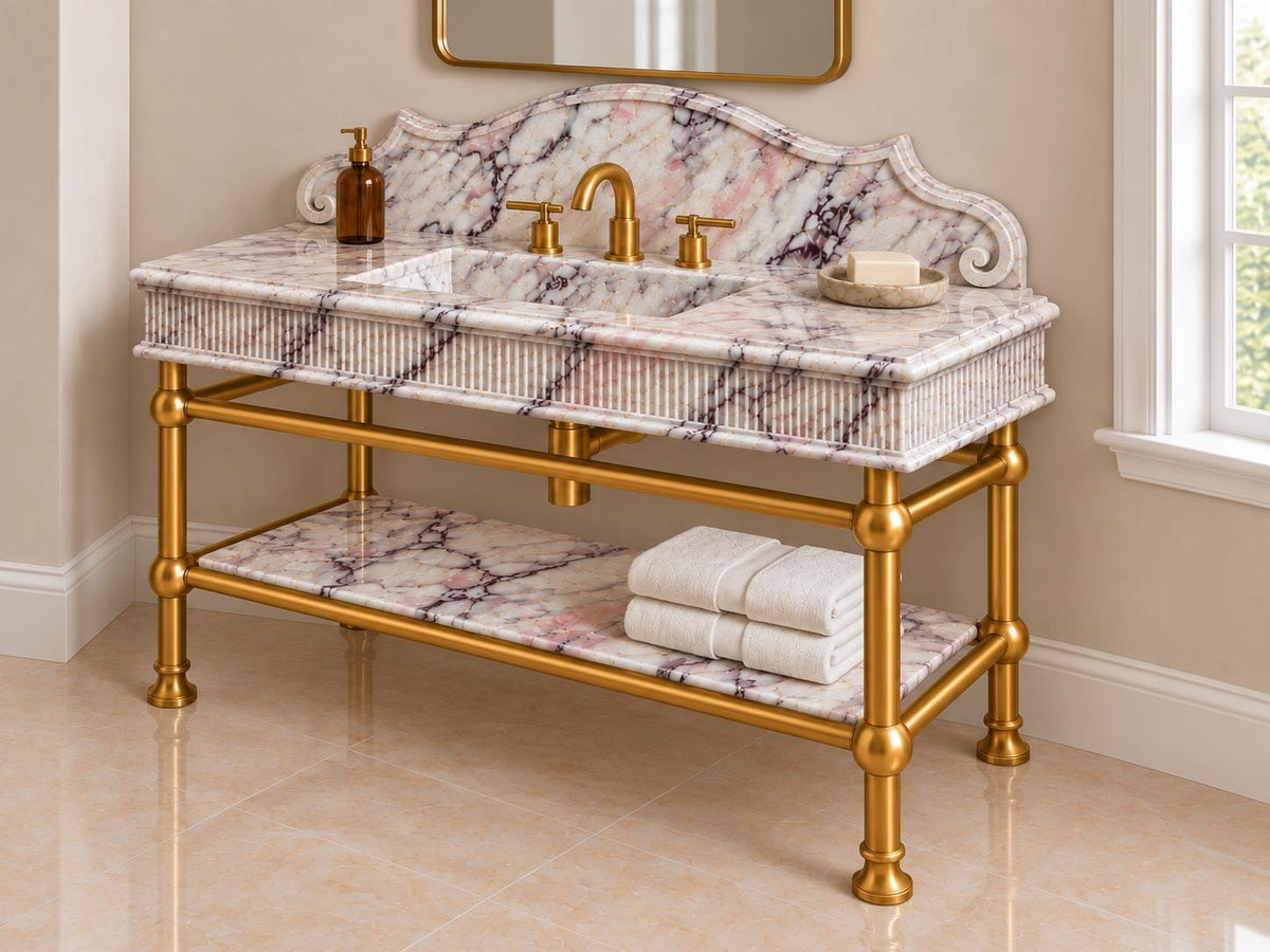Handmade Calacatta Viola Marble Vanity, Fluted Brass Console, Custom Powder Room Sink