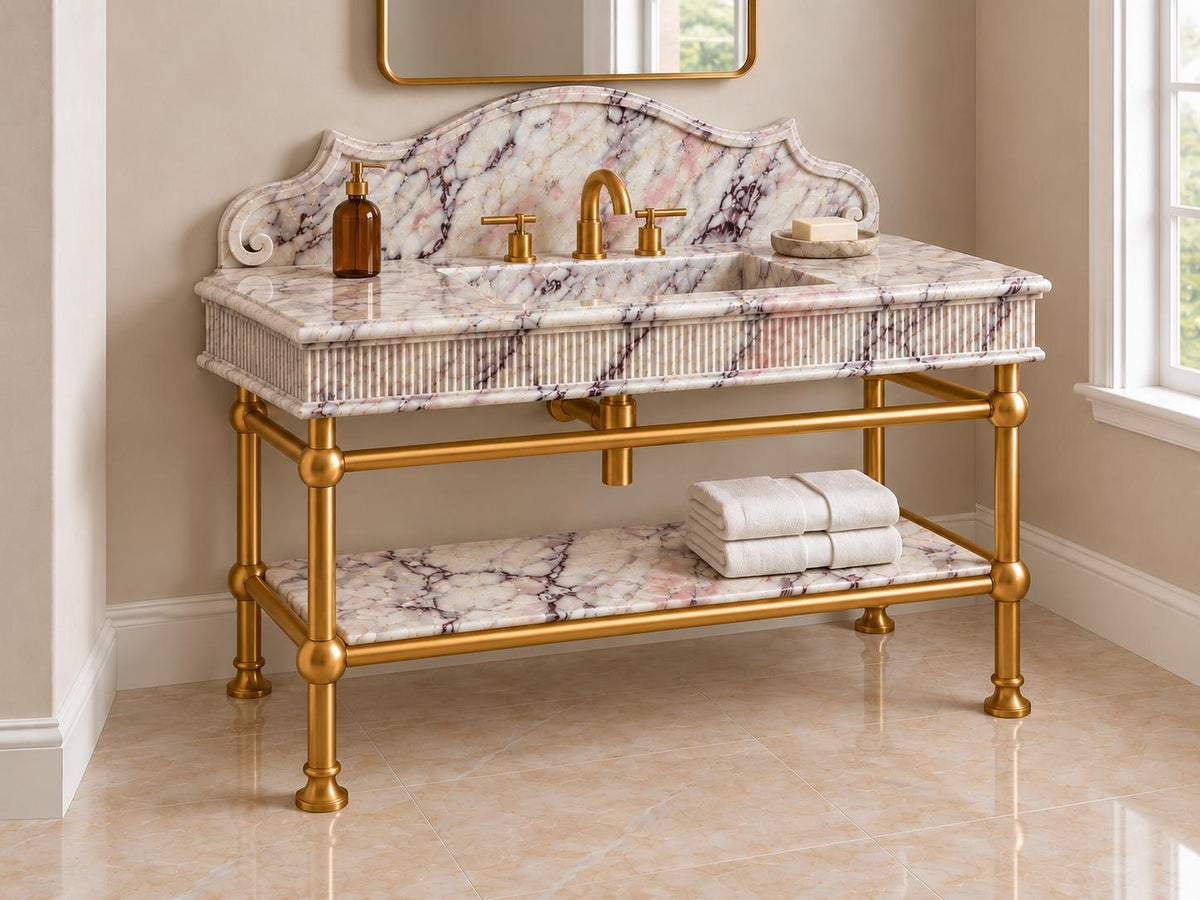 Handmade Calacatta Viola Marble Vanity, Fluted Brass Console, Custom Powder Room Sink