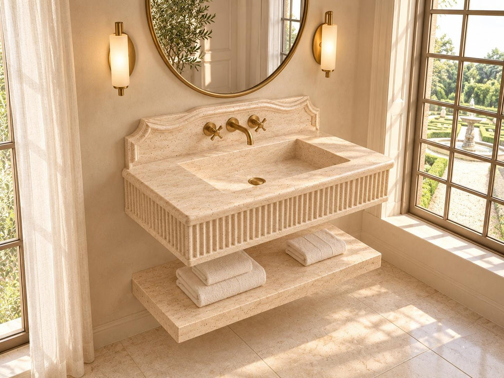 Handmade Travertine Wall-Mounted Sink Vanity, Fluted Apron, Carved Backsplash (Natural Stone)