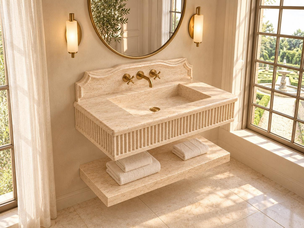 Handmade Travertine Wall-Mounted Sink Vanity, Fluted Apron, Carved Backsplash (Natural Stone)