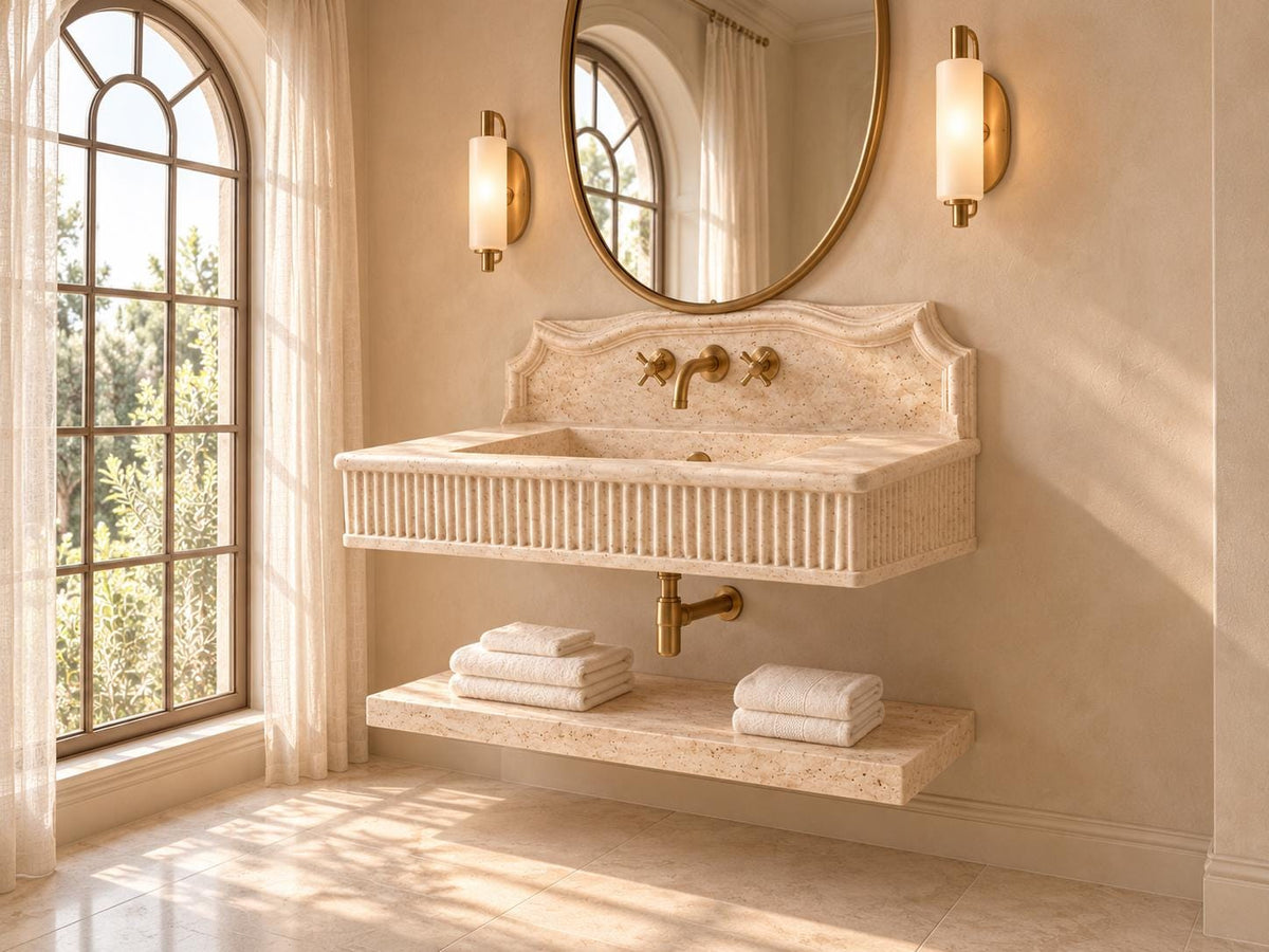 Handmade Travertine Wall-Mounted Sink Vanity, Fluted Apron, Carved Backsplash (Natural Stone)