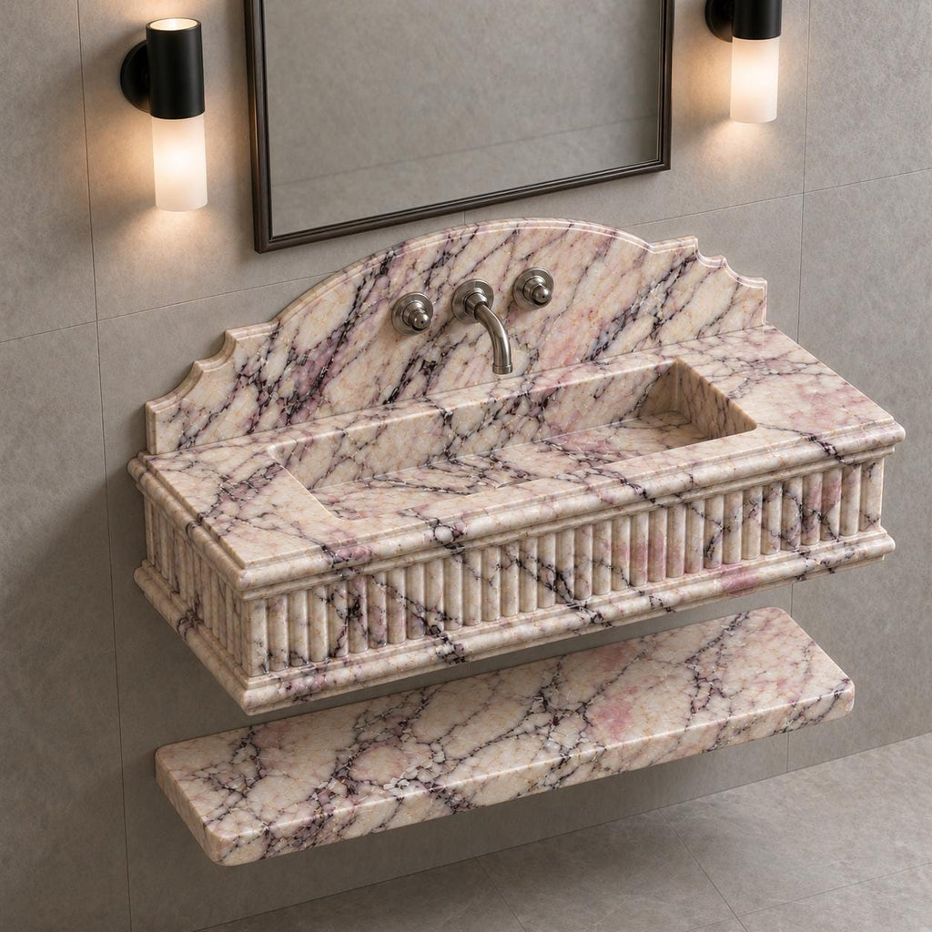 Calacatta Viola Marble Wall-Mounted Sink with Fluted Front, Arched Backsplash and Floating Shelf