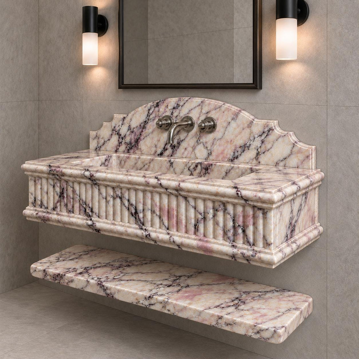 Calacatta Viola Marble Wall-Mounted Sink with Fluted Front, Arched Backsplash and Floating Shelf