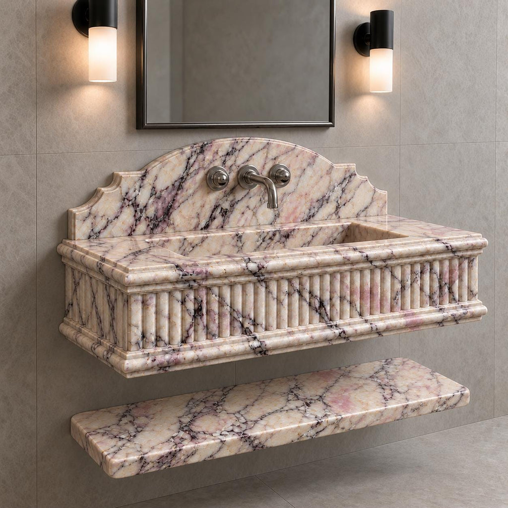 Calacatta Viola Marble Wall-Mounted Sink with Fluted Front, Arched Backsplash and Floating Shelf